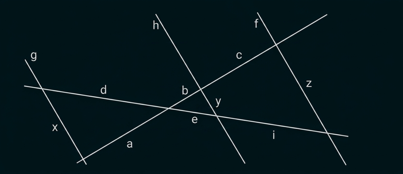 Geometrische Zeichnung mit mehreren sich schneidenden Geraden und markierten Buchstaben.